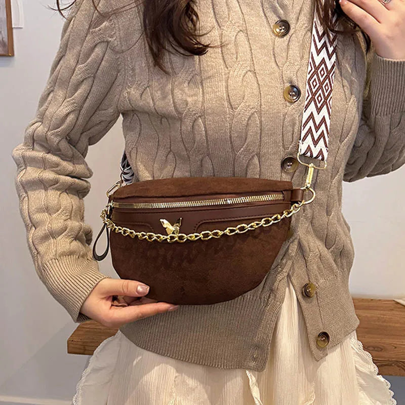 Faux Suede Chest Bag Bohemia Women Waist Bag PU Leather Handbag Chain Waist Pack Adjustable Strap Fashion Shoulder Crossbody Bag