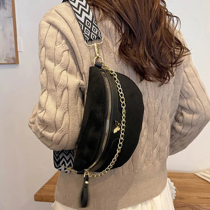 Faux Suede Chest Bag Bohemia Women Waist Bag PU Leather Handbag Chain Waist Pack Adjustable Strap Fashion Shoulder Crossbody Bag