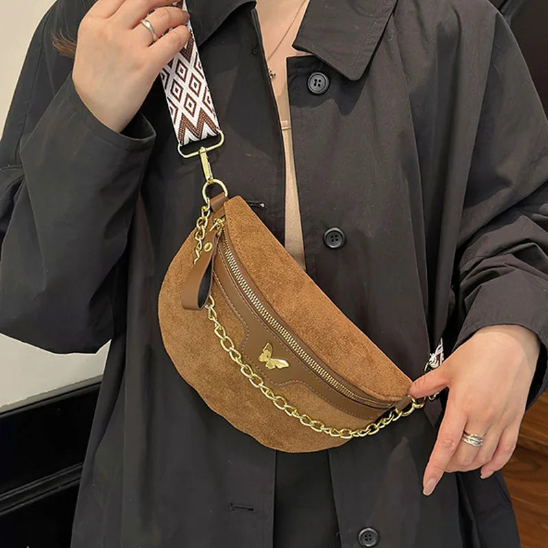 Faux Suede Chest Bag Bohemia Women Waist Bag PU Leather Handbag Chain Waist Pack Adjustable Strap Fashion Shoulder Crossbody Bag