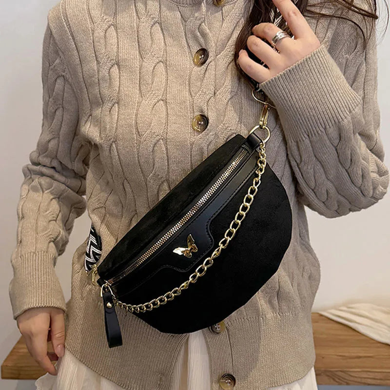Faux Suede Chest Bag Bohemia Women Waist Bag PU Leather Handbag Chain Waist Pack Adjustable Strap Fashion Shoulder Crossbody Bag