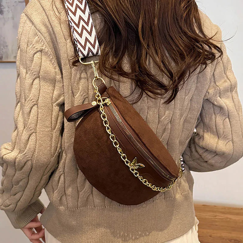 Faux Suede Chest Bag Bohemia Women Waist Bag PU Leather Handbag Chain Waist Pack Adjustable Strap Fashion Shoulder Crossbody Bag