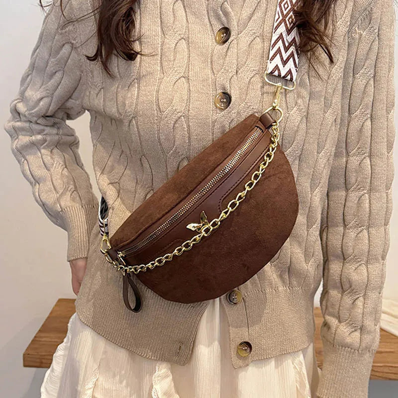 Faux Suede Chest Bag Bohemia Women Waist Bag PU Leather Handbag Chain Waist Pack Adjustable Strap Fashion Shoulder Crossbody Bag