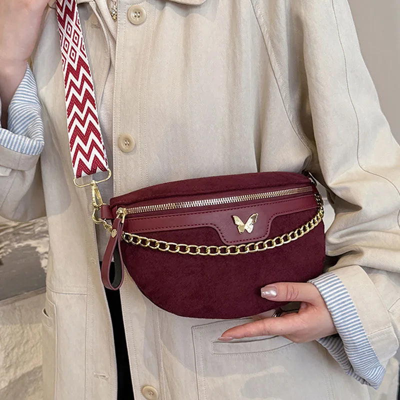 Faux Suede Chest Bag Bohemia Women Waist Bag PU Leather Handbag Chain Waist Pack Adjustable Strap Fashion Shoulder Crossbody Bag