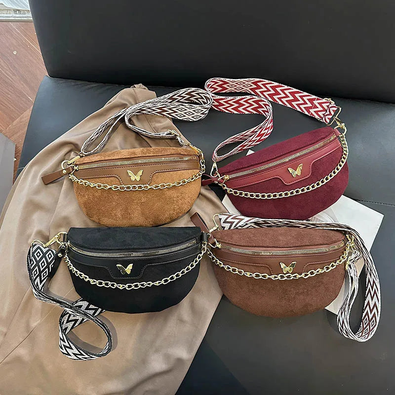 Faux Suede Chest Bag Bohemia Women Waist Bag PU Leather Handbag Chain Waist Pack Adjustable Strap Fashion Shoulder Crossbody Bag