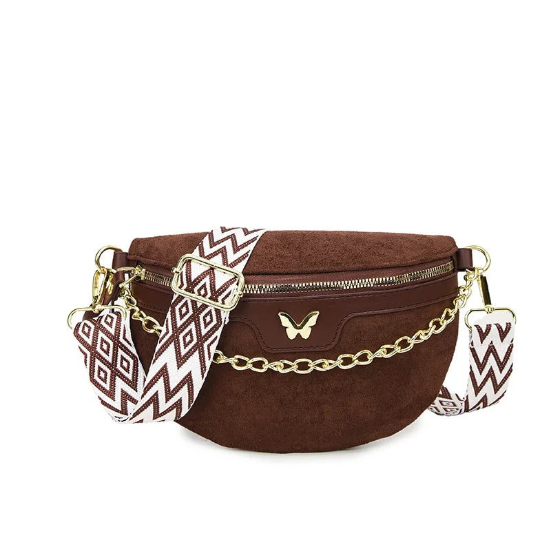 Faux Suede Chest Bag Bohemia Women Waist Bag PU Leather Handbag Chain Waist Pack Adjustable Strap Fashion Shoulder Crossbody Bag