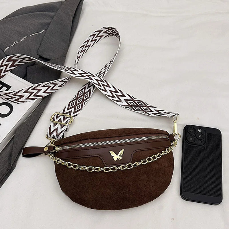 Faux Suede Chest Bag Bohemia Women Waist Bag PU Leather Handbag Chain Waist Pack Adjustable Strap Fashion Shoulder Crossbody Bag