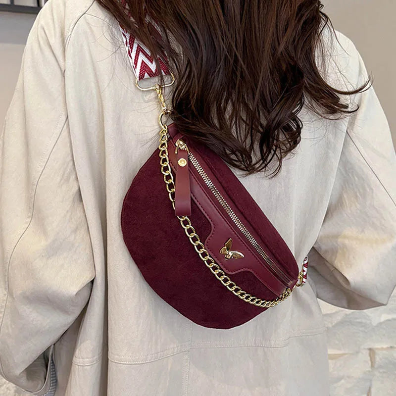 Faux Suede Chest Bag Bohemia Women Waist Bag PU Leather Handbag Chain Waist Pack Adjustable Strap Fashion Shoulder Crossbody Bag