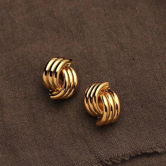 Fashion Glossy Three-Layer Textured Intersecting Knot Earrings for Women Gold Color Copper Alloy Earring Vintage Jewelry Gifts
