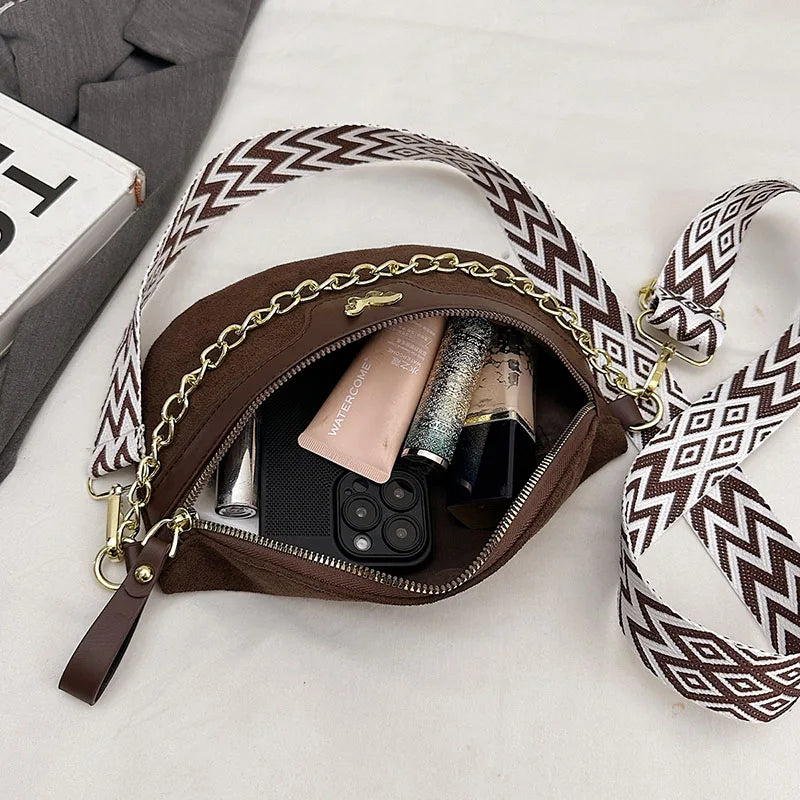 Faux Suede Chest Bag Bohemia Women Waist Bag PU Leather Handbag Chain Waist Pack Adjustable Strap Fashion Shoulder Crossbody Bag