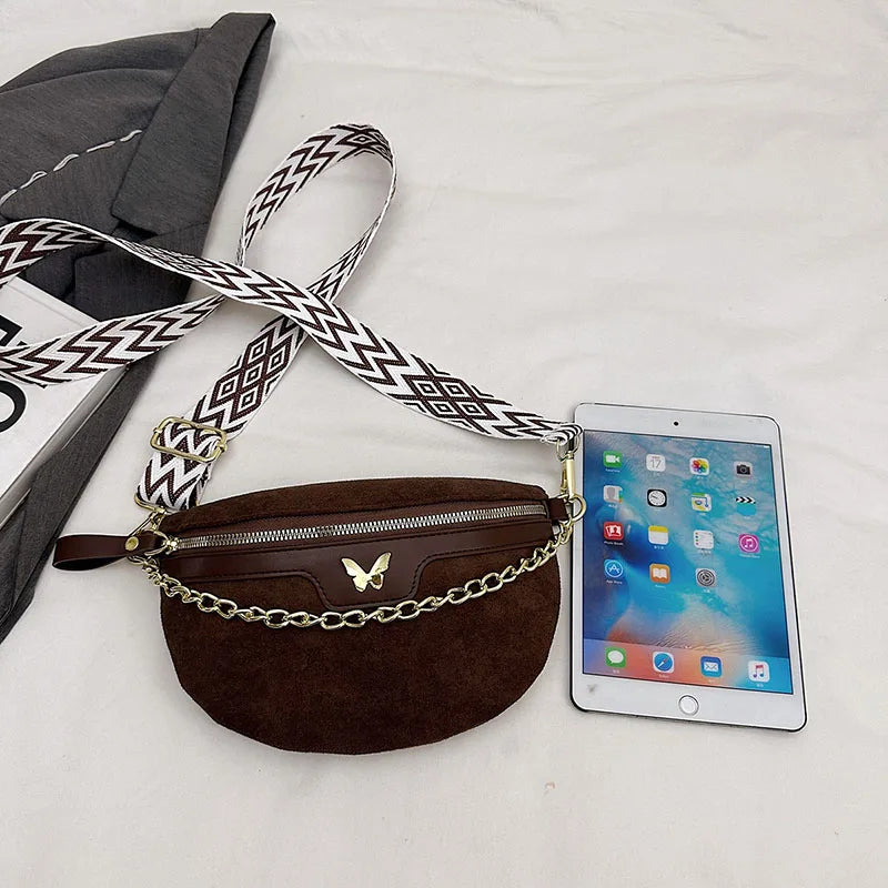 Faux Suede Chest Bag Bohemia Women Waist Bag PU Leather Handbag Chain Waist Pack Adjustable Strap Fashion Shoulder Crossbody Bag