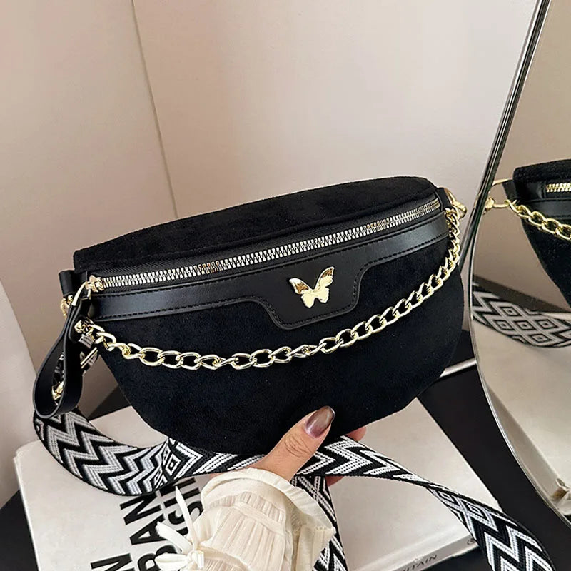 Faux Suede Chest Bag Bohemia Women Waist Bag PU Leather Handbag Chain Waist Pack Adjustable Strap Fashion Shoulder Crossbody Bag