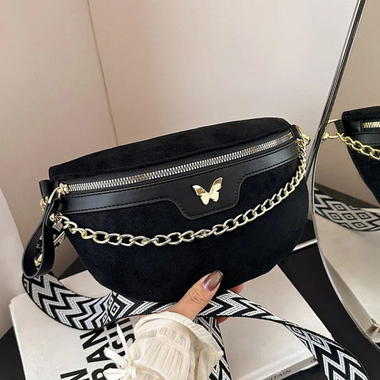 Faux Suede Chest Bag Bohemia Women Waist Bag PU Leather Handbag Chain Waist Pack Adjustable Strap Fashion Shoulder Crossbody Bag