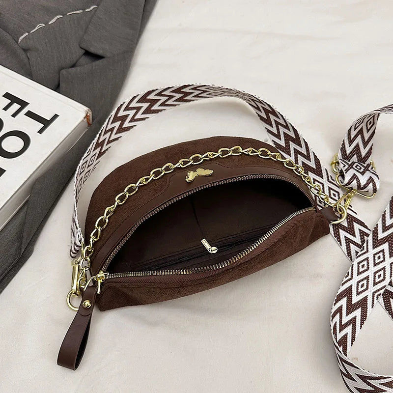 Faux Suede Chest Bag Bohemia Women Waist Bag PU Leather Handbag Chain Waist Pack Adjustable Strap Fashion Shoulder Crossbody Bag