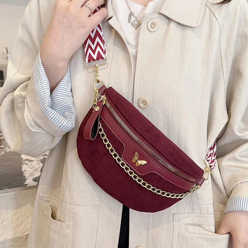 Faux Suede Chest Bag Bohemia Women Waist Bag PU Leather Handbag Chain Waist Pack Adjustable Strap Fashion Shoulder Crossbody Bag