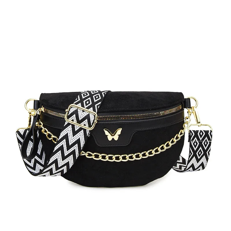 Faux Suede Chest Bag Bohemia Women Waist Bag PU Leather Handbag Chain Waist Pack Adjustable Strap Fashion Shoulder Crossbody Bag
